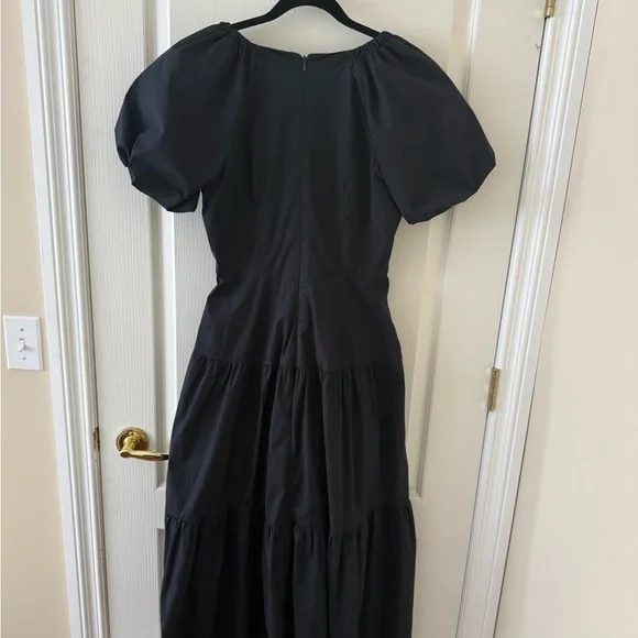Club Monaco | Black Puff-Sleeve V-Neck Midi Dress Size 6 - Picture 3 of 6